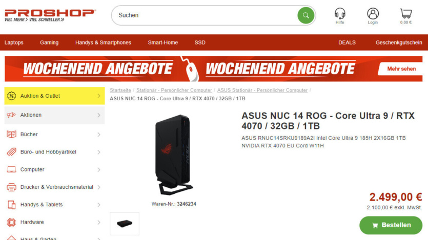 Компактний ASUS ROG NUC 14 з Core Ultra 9 185H та GeForce RTX 4070 оцінили у €2499