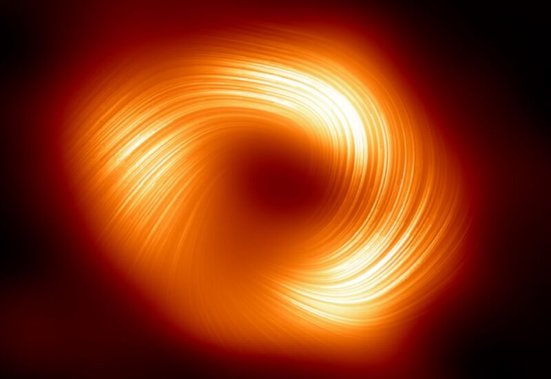Нове зображення надмасивної чорної діри Стрілець A показало потужні магнітні поля, що обертаються по спіралі від її краю.