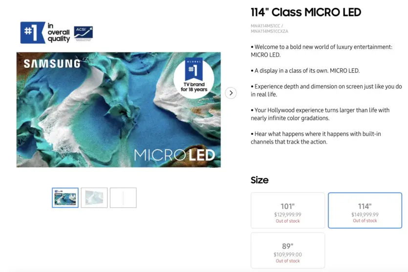 Нові телевізори Samsung MicroLED коштують до $150K тис. за 114-дюймову модель