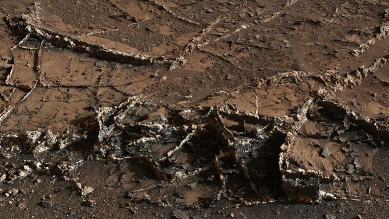 А це вже знімок від марсохода «К'юріосіті», зроблений у 2015 році в регіоні Гарден-Сіті, на якому так само зафіксовані мінеральні жили.
