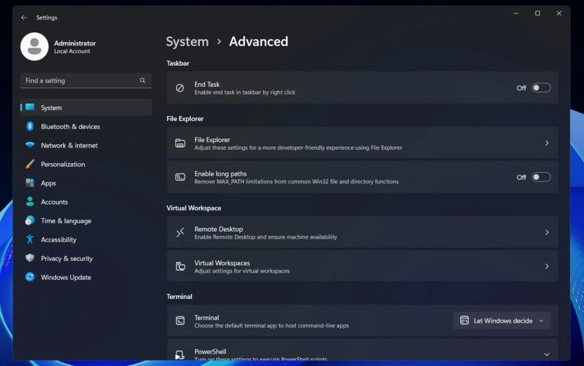 В настройках Windows 11 появится раздел Advanced — с фишками для разработчиков и не только