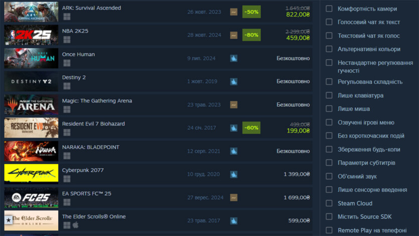 Steam has added useful filters to game search — free saves, difficulty adjustment, and more