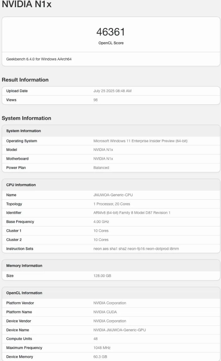 NVIDIA RTX 5070 у процесорі ПК - Geekbench розкриває GPU чипа N1X