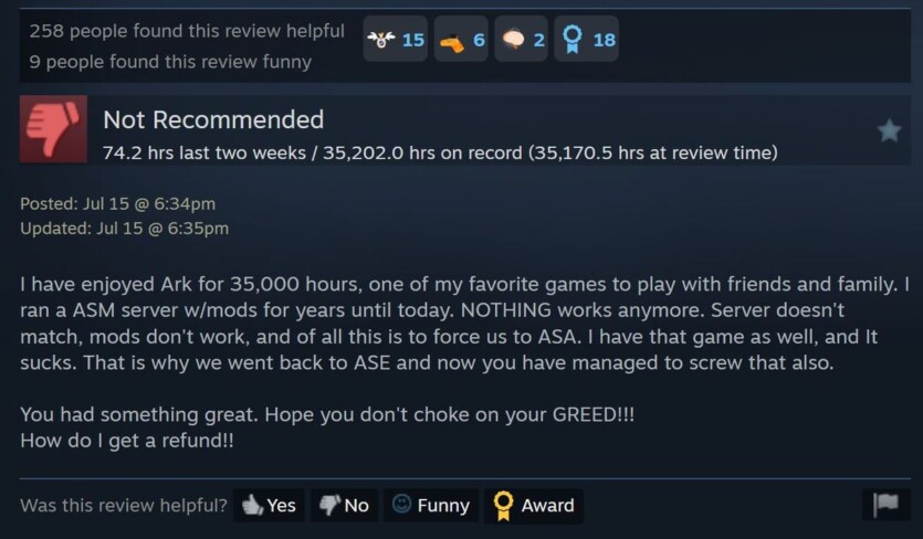 Геймер награв 35 000 годин в Ark: Survival Evolved і лишив негативний відгук у Steam: «Поверніть мої гроші!»