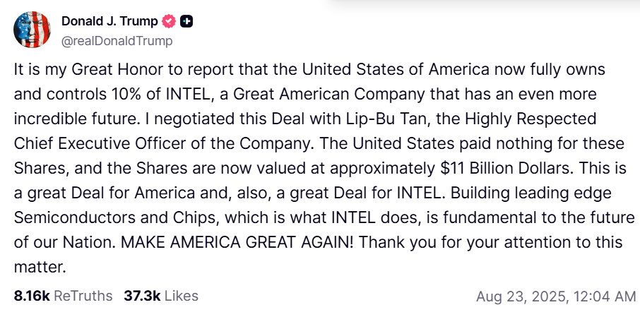"США тепер повністю контролюють 10% Intel… нічого не заплатили", — Дональд Трамп