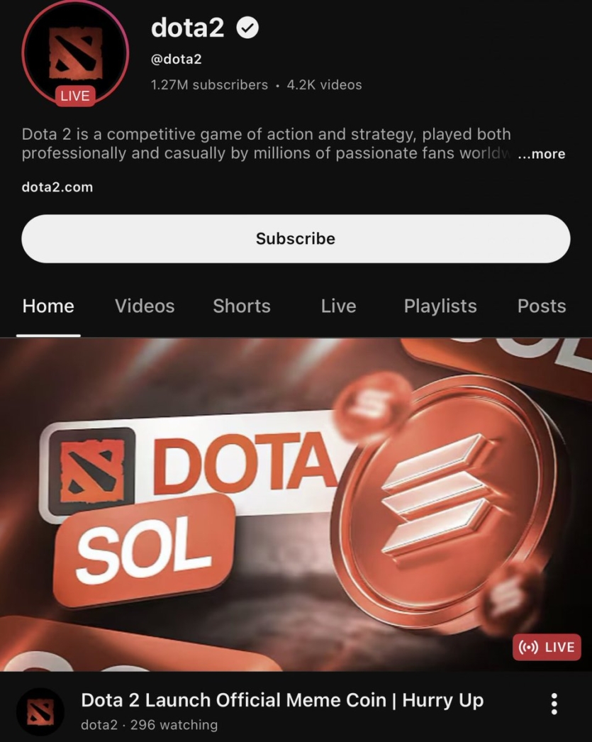 Хакери зламали YouTube-канал Dota 2 для продажу фейкового мемкоїну