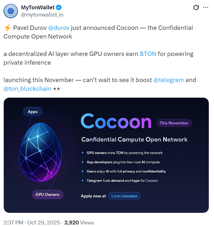 Павло Дуров анонсував Cocoon – “приватний ШІ” на блокчейні TON з GPU-майнінгом