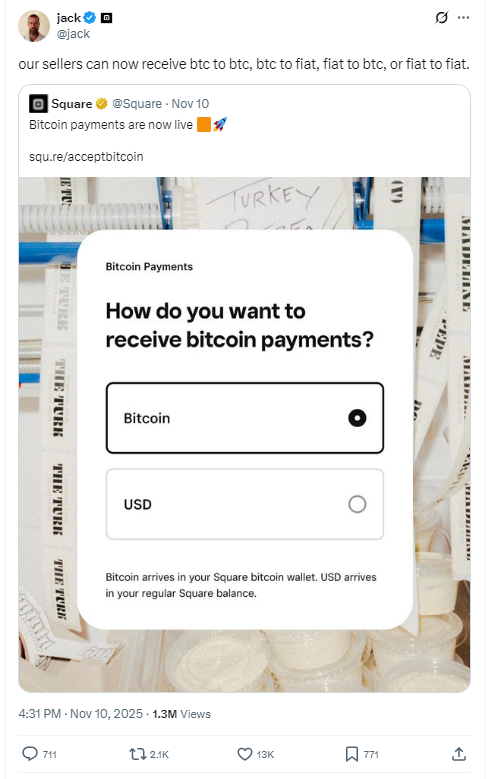 Співзасновник Twitter Джек Дорсі: Square інтегрує платежі в біткоїнах без комісії для 4 млн клієнтів