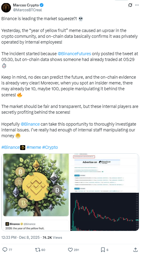 Binance викрила інсайдерську торгівлю: після цього мем-токен, про який йшлося, злетів ще вище