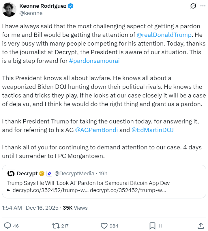 Дональд Трамп хоче помилувати засновника Samourai Wallet на тлі зниження впливу SEC криптовалюти та зростання біткоїн-резервів сімейної компанії