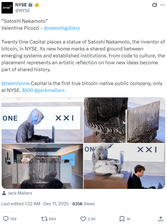 На Нью-Йоркській фондовій біржі встановили статую Сатоші Накамото у річницю його зникнення та заснування біткоїну