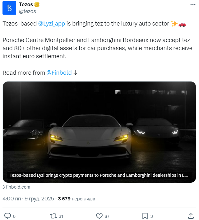 За криптовалюти від фінтеху Lyzi на базі Tezos тепер можна купити Porsche та Lamborghini, а також зробити пожертву лікарям