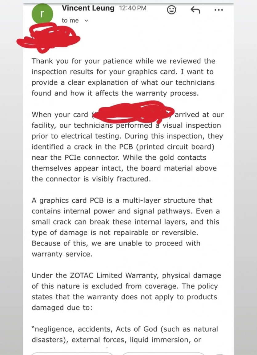 Виробник відмовив у поверненні коштів за RTX 5070 Ti через “пошкодження плати”, про яке власник не підозрював