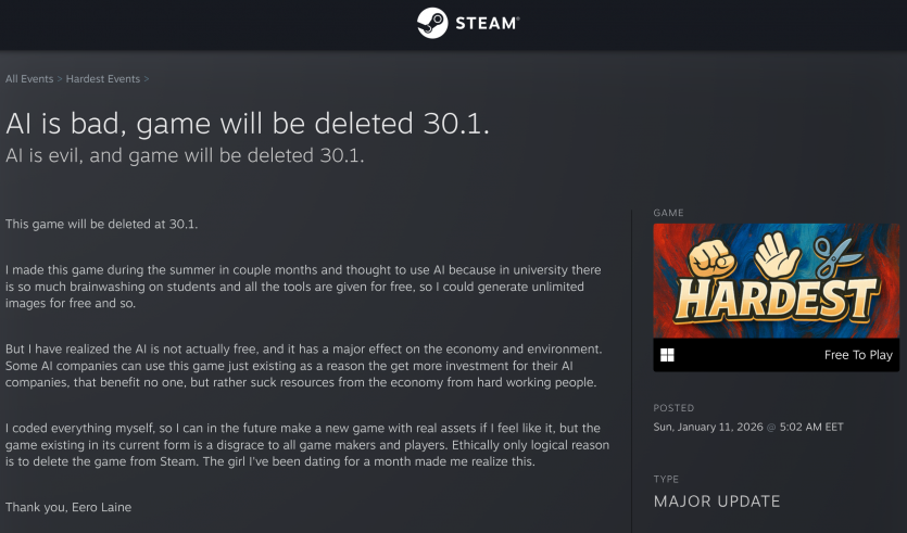 Розробник видалив гру зі Steam — нова дівчина переконала його, що ШІ це зло