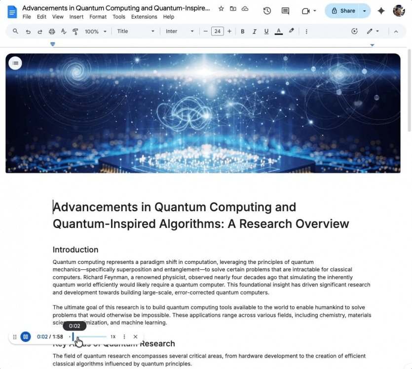 В Google Docs з'явились аудіо-резюме від Gemini: не читайте, а слухайте документ