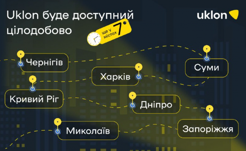 Uklon переходить на цілодобову роботу ще в 7 містах України: включно з Харковом та Запоріжжям