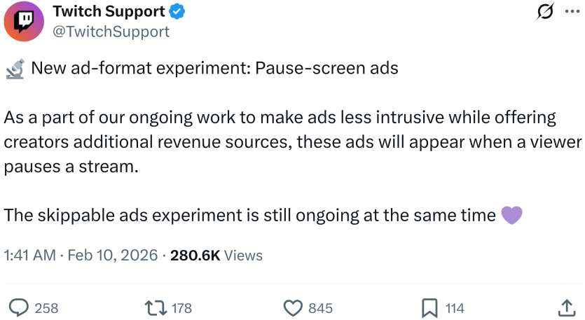 Twitch запускає рекламу на паузі: новий формат для стримерів і глядачів