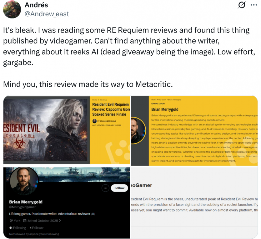 Metacritic видалив з Videogamer огляд Resident Evil Requiem: рецензію написав ШІ, а не журналіст