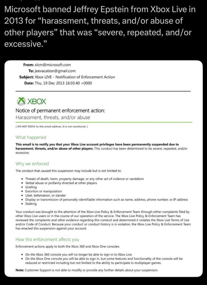 Джеффрі Епштейн отримав довічний бан від Xbox у 2013 році