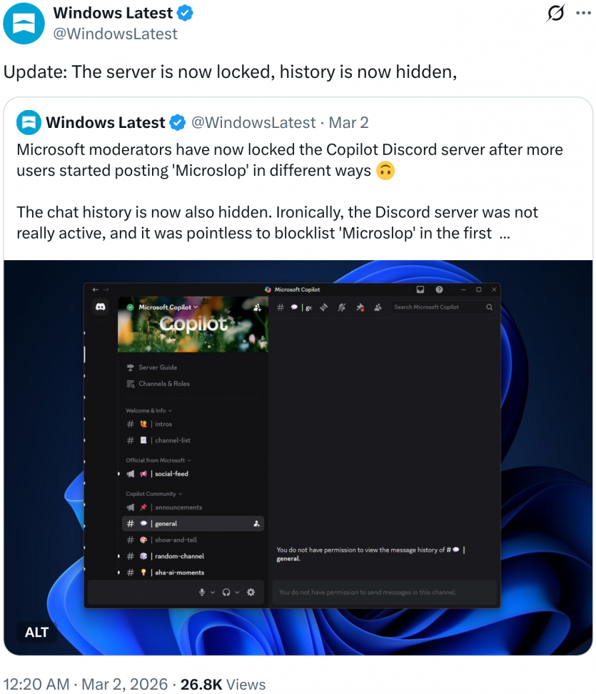 Microsoft затролили: спочатку компанія заборонила слово "Microslop", а потім закрила весь Discord-сервер