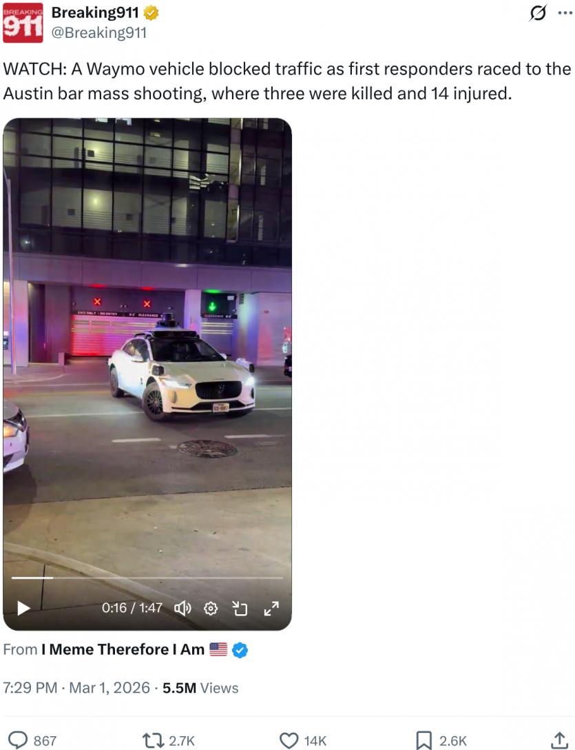 Роботаксі Waymo заблокувало швидку, яка прямувала на місце масової стрілянини