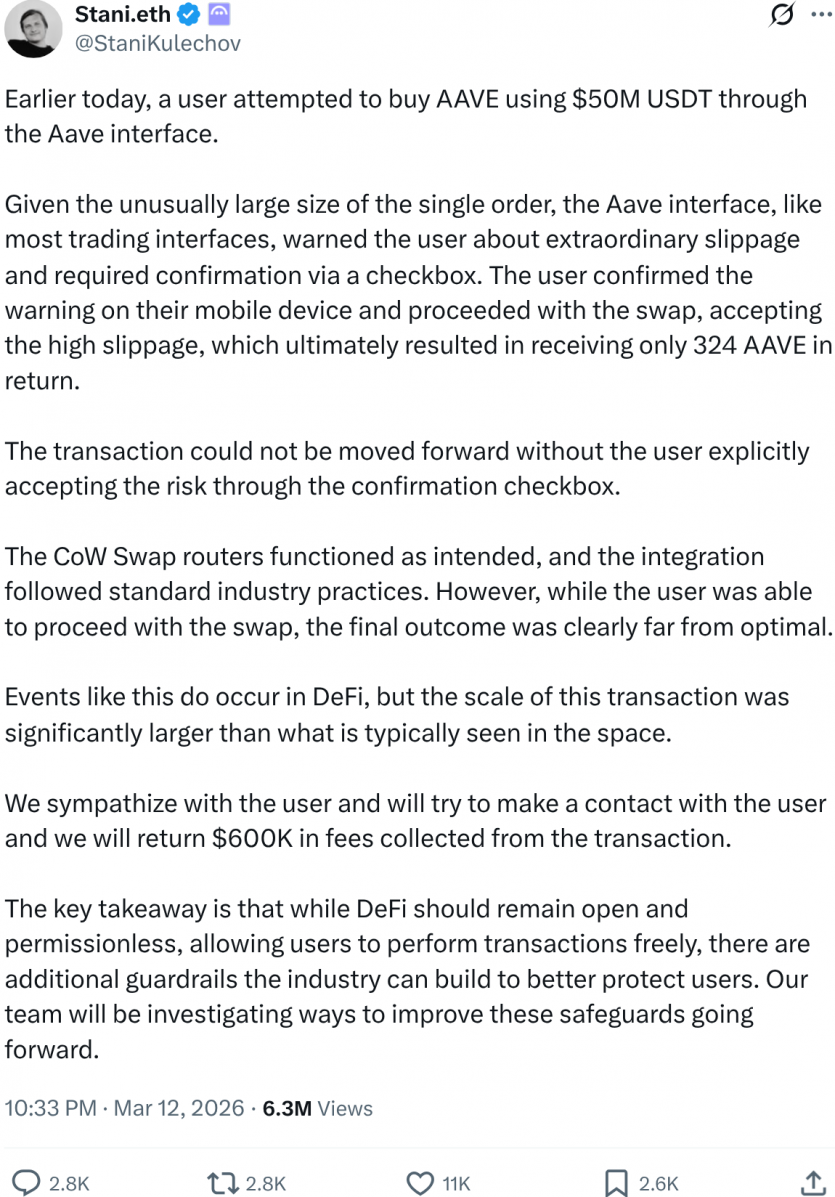 Користувач втратив 50 млн USDT через проскальзування у протоколі AAVE