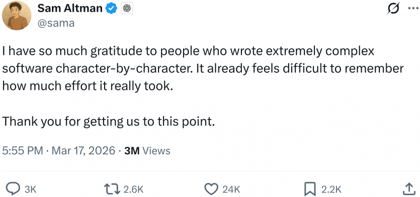 "Дякую вам за працю, ваш час минув": Сем Альтман подякував програмістам