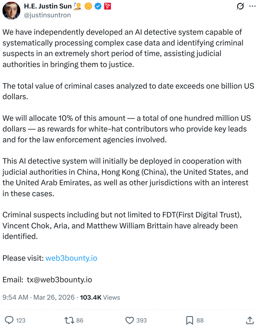 CEO Tron запустив платформу розслідування криптозлочинів за допомогою ШІ: вже розкрито справи на $1 млрд