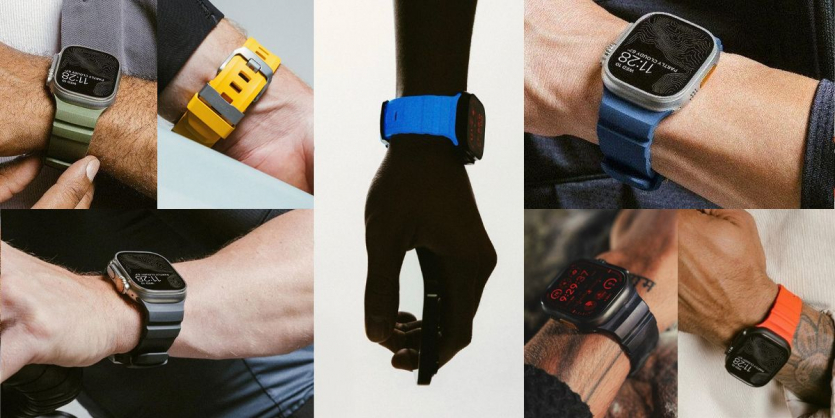 Колаж із восьми фотографій, що демонструють різні кольори міцних силіконових ремінців для Apple Watch Ultra на зап'ястях