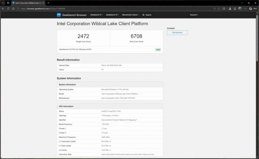 В Geekbench з'явились нові результати бюджетного процесора Intel Wildcat Lake
