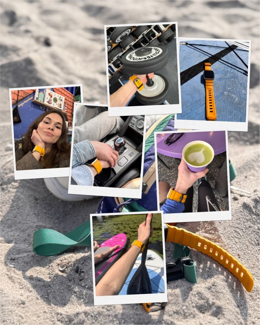 Колаж із полароїдних фотографій, що демонструють помаранчевий ремінець Nomad для Apple Watch у різних життєвих ситуаціях (спортзал, водіння, кава, відпочинок), розміщений на піщаному пляжі.