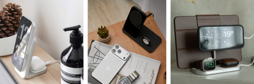 Колаж із трьох приліжкових бездротових зарядних станцій: біла та чорна моделі Nomad Stand One, а також мультистанція Zens 4-in-1, що одночасно заряджає iPad, iPhone у режимі StandBy, Apple Watch та AirPods.
