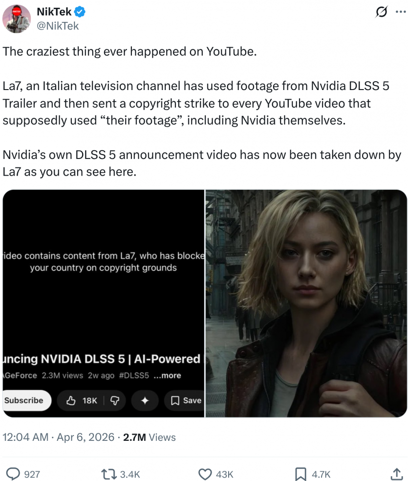Італіський канал вкрав 2,3-мільйонний трейлер NVIDIA про DLSS 5 та заблокував його на YouTube