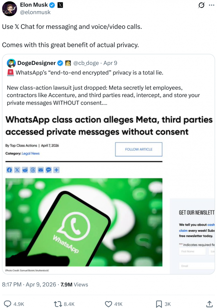 Ілон Маск атакує WhatsApp і Signal: X офіційно запускає власний месенджер XChat