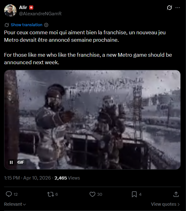 Скріншот з постом інсайдера щодо нової гри Metro / X