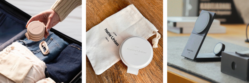 Колаж із портативних дорожніх зарядок: складена станція Satechi On-the-Go під час пакування у валізу, компактна біла зарядка Native Union Voyage поруч із мішечком та розкладений чорний вертикальний стенд Native Union на столі.