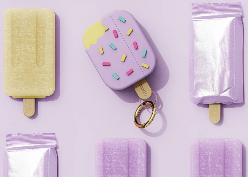 Силіконовий чохол Elago Ice Cream Hang Classic Lavender для AirPods Pro 3rd Gen у формі морозива на лавандовому фоні.