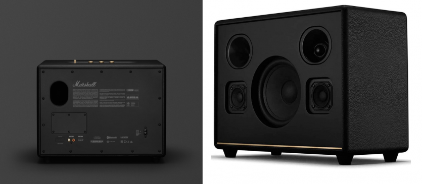 Задня панель колонки Marshall Woburn III з портами HDMI, RCA та вигляд на внутрішні динаміки акустичної системи без сітки.