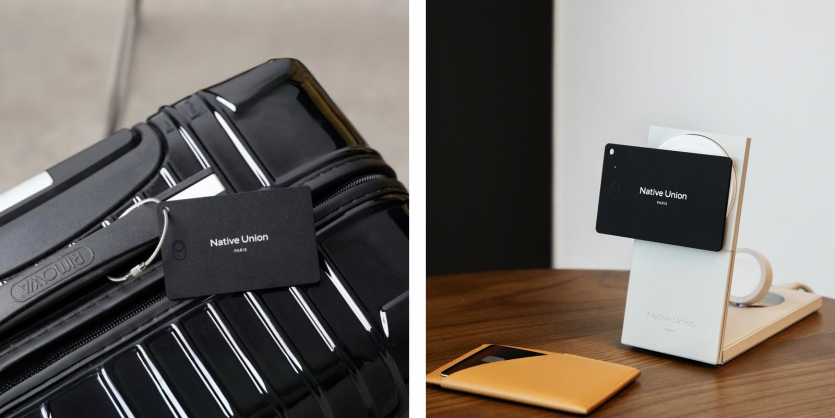 Пошуковий трекер Native Union Tracking Card на валізі Rimowa та магнітній зарядній станції для швидкого пошуку речей.