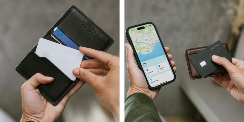 Процес відстеження карти Nomad Tracking Card через додаток Локатор на iPhone та її розміщення у шкіряному гаманці.