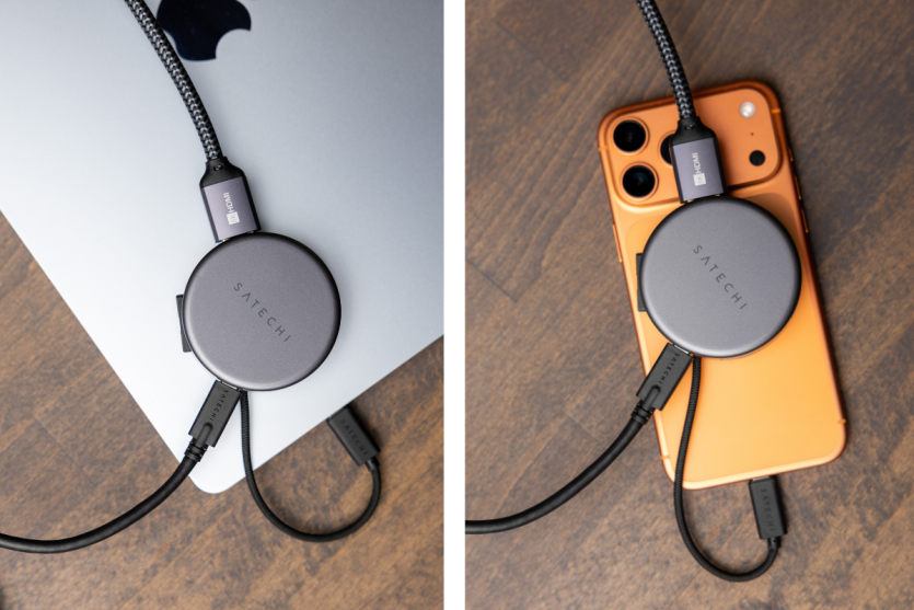 USB-хаб Satechi On-the-Go 7-in-1 надійно примагнічений до кришки Apple MacBook (ліворуч) та скляної спинки iPhone (праворуч).