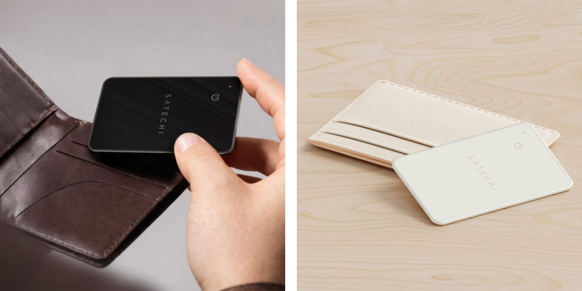 Карта-трекер Satechi Smart Inventory Tracking Card у шкіряному гаманці та поруч із білим картхолдером для Apple Find My.