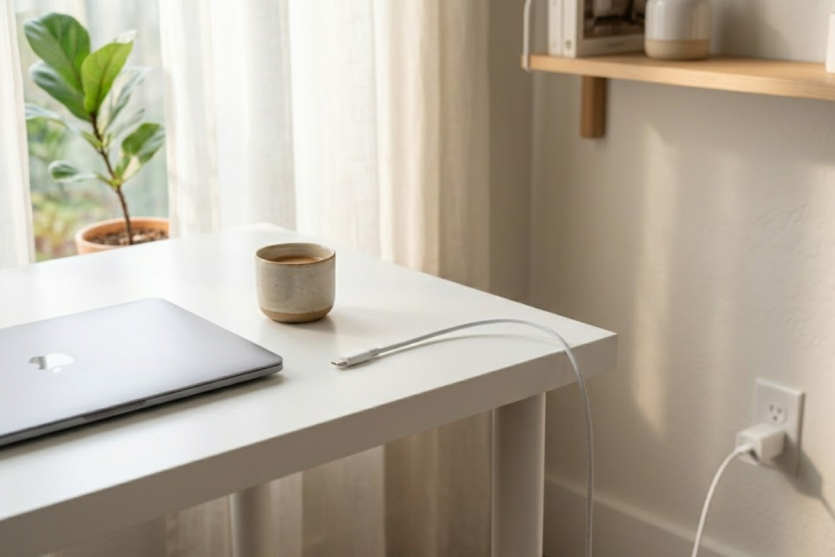 Оригінальний кабель Apple у білому кольорі на робочому столі поруч із MacBook у мінімалістичному інтер'єрі.